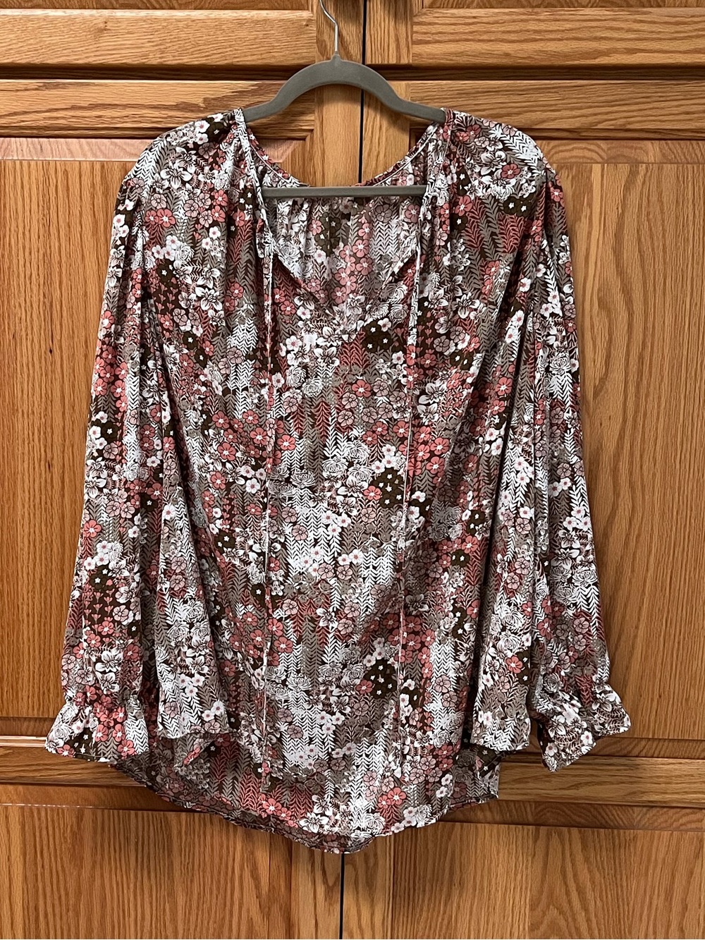 Floral Long Sleeve Peasant Blouse - Brown & Pink, GUC, Size 4X